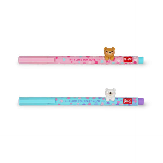 Legami - Set di 2 Penne Gel Lovely Friends, Edizione Limitata, Animaletto Decorativo Rimovibile e Ricombinabile, Evita il Rotolamento, Inchiostro Azzurro e Viola, Punta Fine 0,5 mm