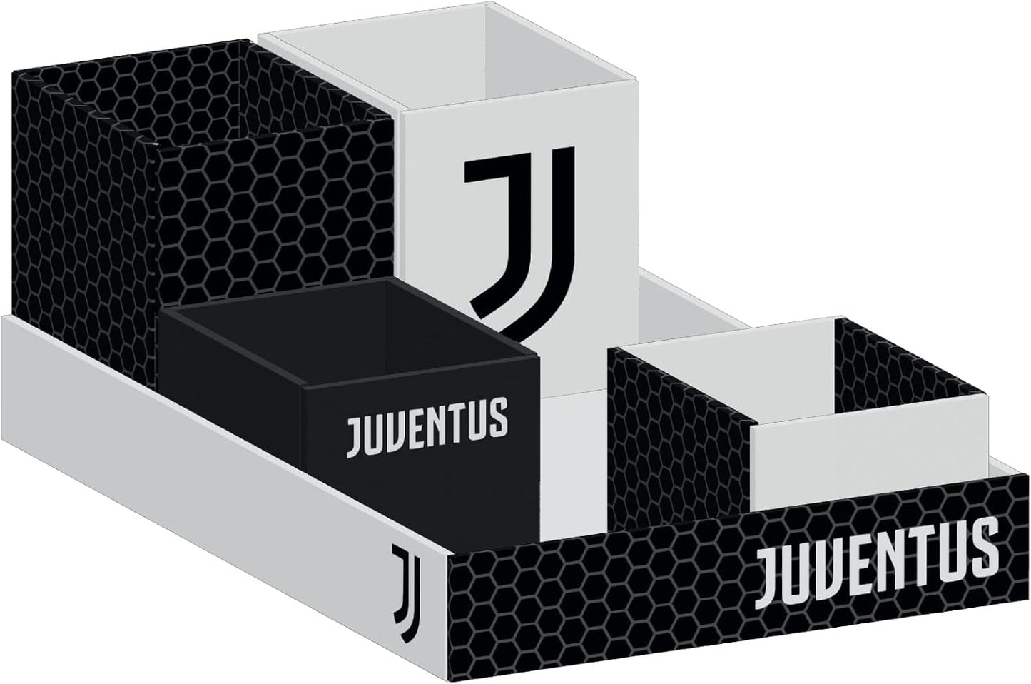 Seven Juventus Organizer per Scrivania, Nero e Bianco, Organizer Scrivania con 4 Scomparti per Cancelleria, Scuola e Tempo Libero, Ragazzo e Ragazza