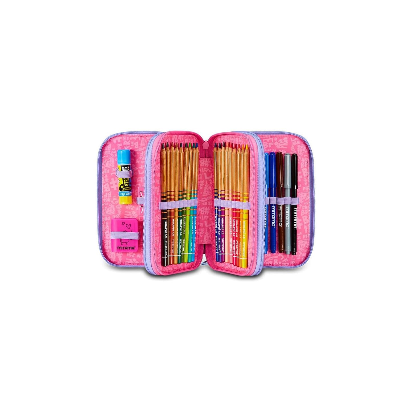 Mitama Astuccio Scuola 3 Scomparti, TRIPLO TIE MUSIC, Contenuto 47 pz, Completo di Matite, Pennarelli, Portapenne Scuola Elementare Bambina, 064522-000