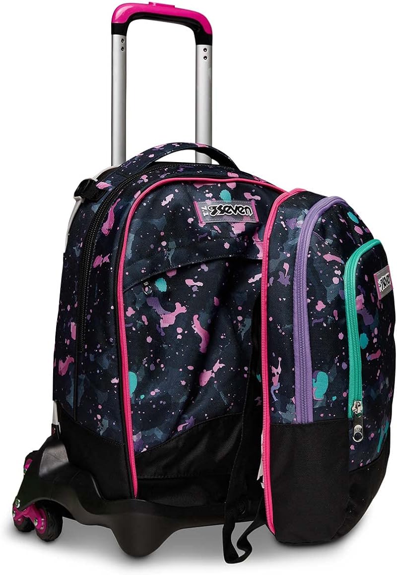 Seven S. p. a. Seven Trolley Scuola Sganciabile Jack 3 Ruote Detach, Viola, FLUO STRING GIRL, Triplo Uso, Zaino con Carrello Sganciabile, Maxi Capienza, Scuola & Tempo Libero, Bambine e Ragazze