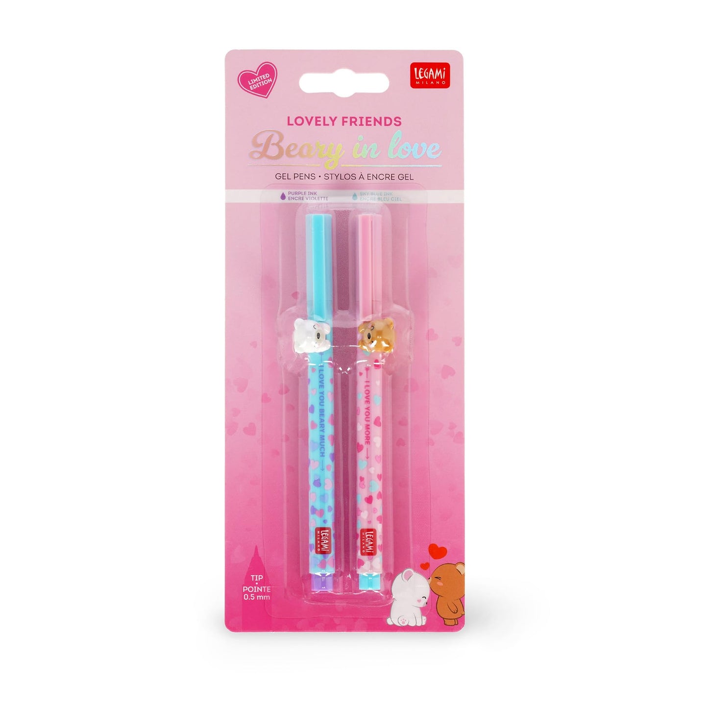 Legami - Set di 2 Penne Gel Lovely Friends, Edizione Limitata, Animaletto Decorativo Rimovibile e Ricombinabile, Evita il Rotolamento, Inchiostro Azzurro e Viola, Punta Fine 0,5 mm
