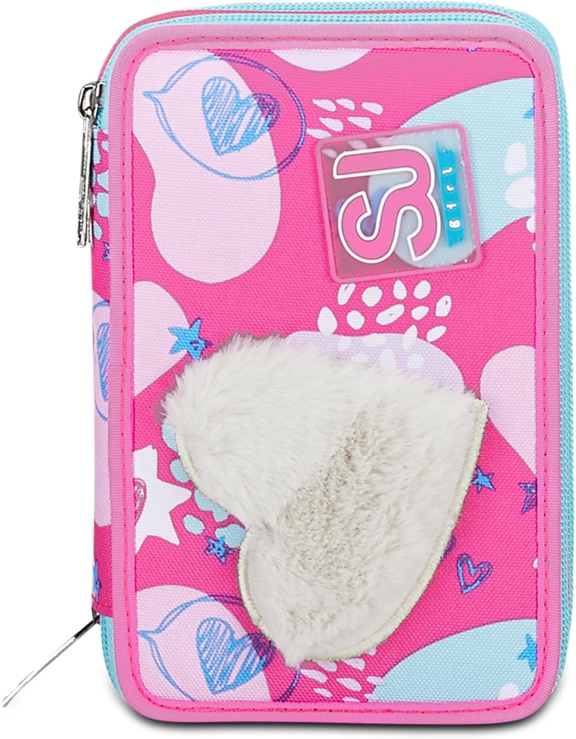 SJ Gang Astuccio Scuola 3 Zip, Rosa, Pinkfur, Portapenne Triplo Scomparto Completo Di Penne, Matite, Colori, Accessori Zaino, Elementari, Medie, Bambina, 30C202431-5C1