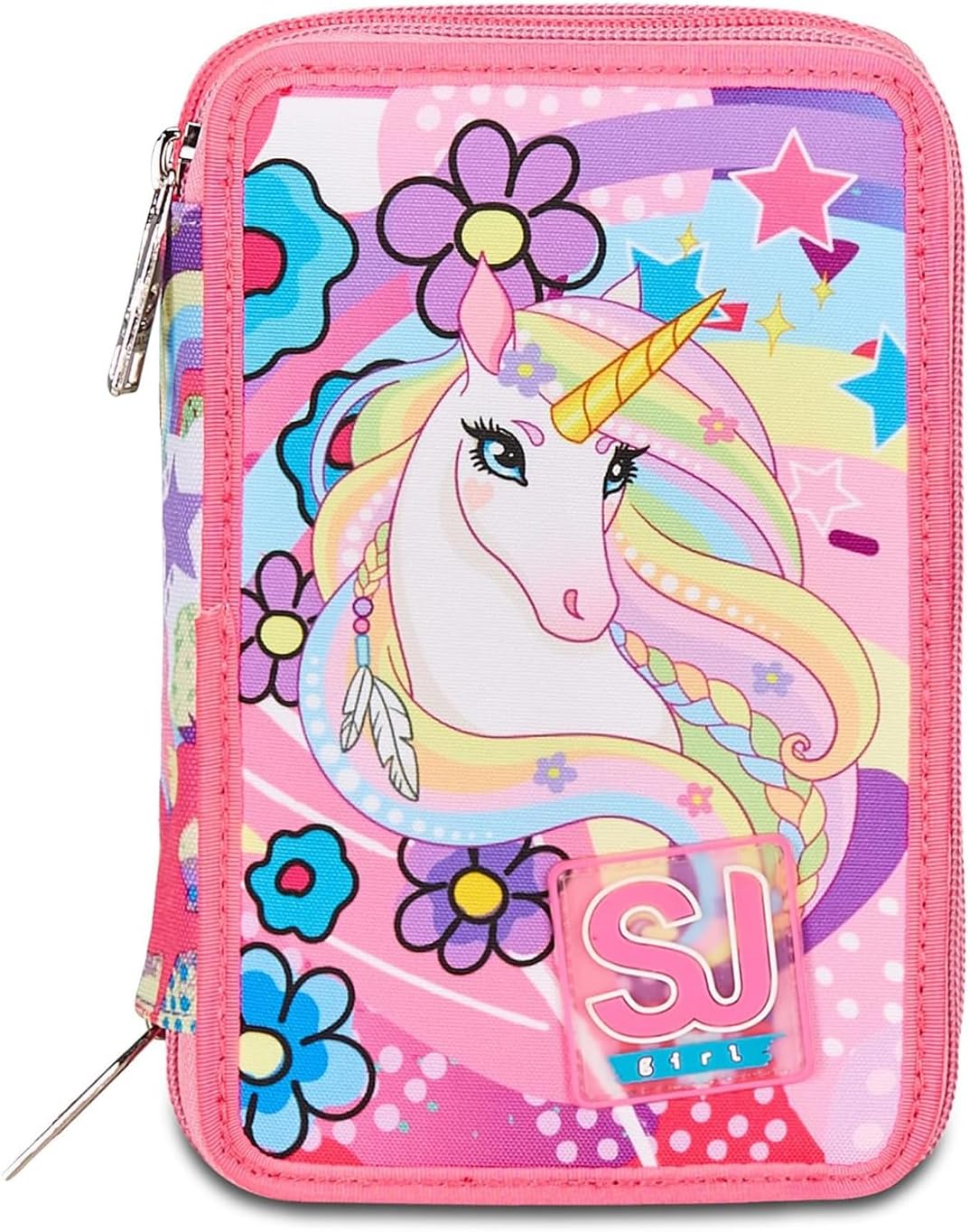 SJ Gang Astuccio Scuola 3 Zip, Rosa, UniBraid, Unicorno Portapenne Triplo Scomparto Completo Di Penne, Matite, Colori, Accessori Zaino, Elementari, Medie, Bambina