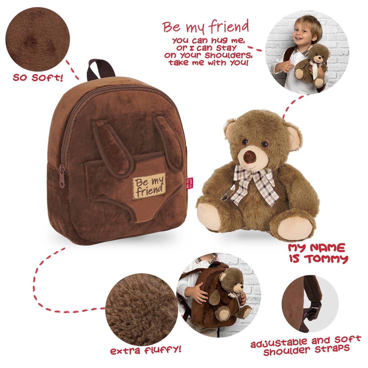 PERLETTI Zaino Bambina Bambino 3 4 5 Anni - Peluche Orso Marrone - Zainetto Borsa Bimbo Bimba per Scuola Asilo Viaggi - Cartella Scolastica Morbida - 21x27x9 cm (Orsetto Marrone con Fiocco)