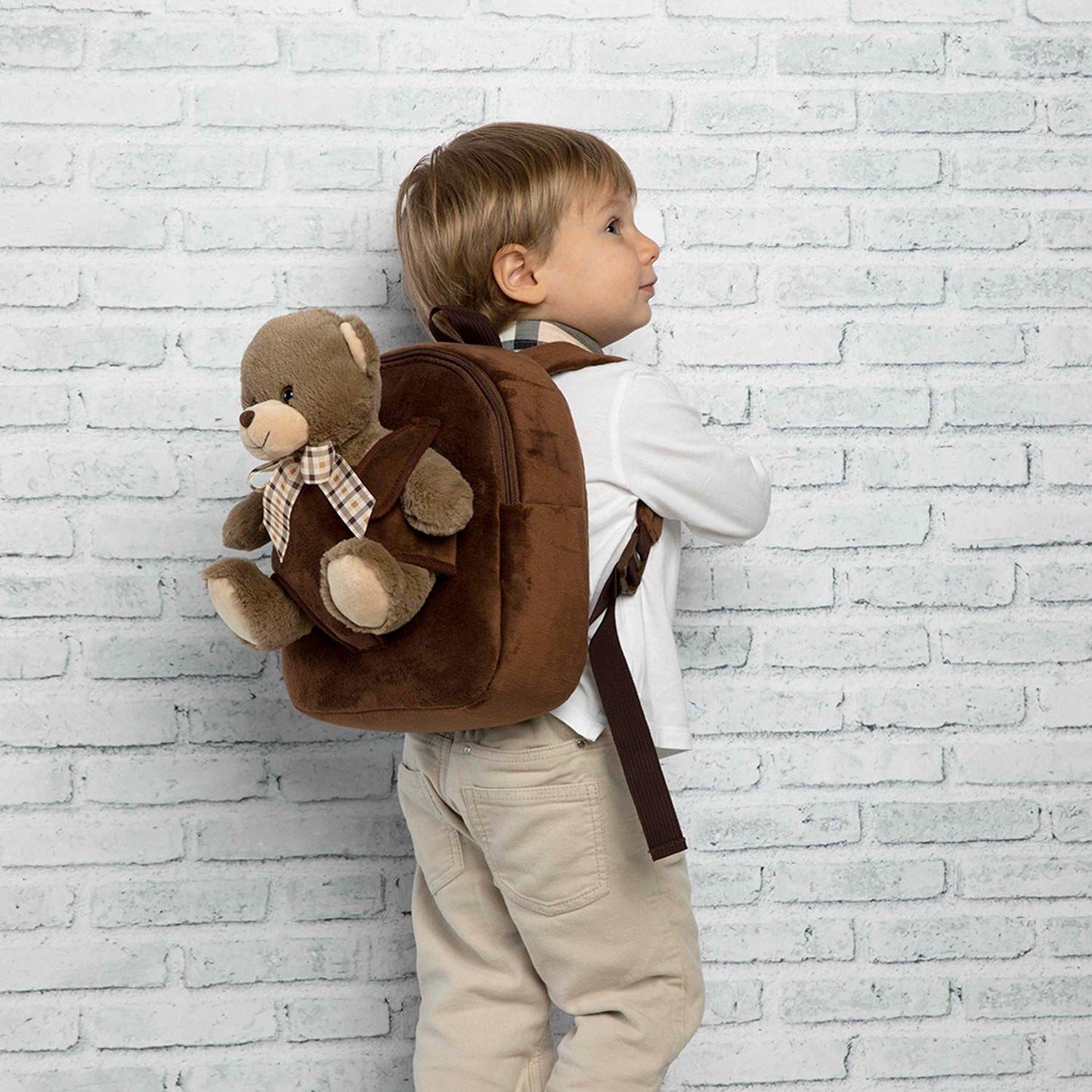 PERLETTI Zaino Bambina Bambino 3 4 5 Anni - Peluche Orso Marrone - Zainetto Borsa Bimbo Bimba per Scuola Asilo Viaggi - Cartella Scolastica Morbida - 21x27x9 cm (Orsetto Marrone con Fiocco)