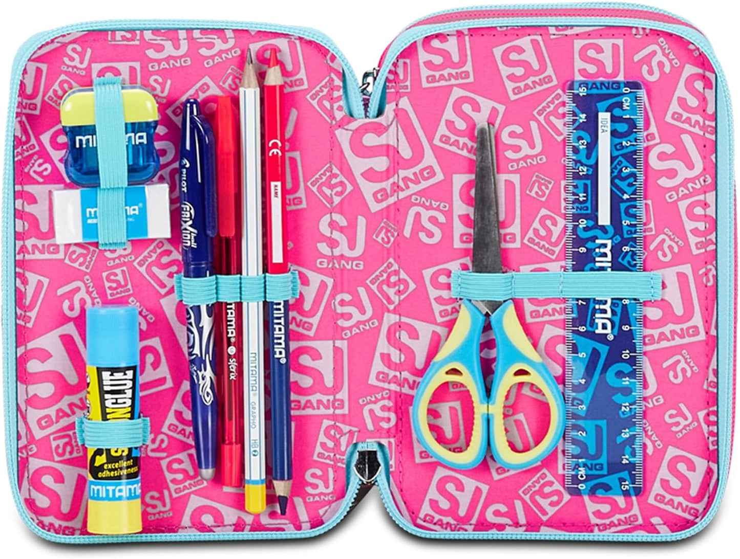 SJ Gang Astuccio Scuola 3 Zip, Rosa, Pinkfur, Portapenne Triplo Scomparto Completo Di Penne, Matite, Colori, Accessori Zaino, Elementari, Medie, Bambina, 30C202431-5C1