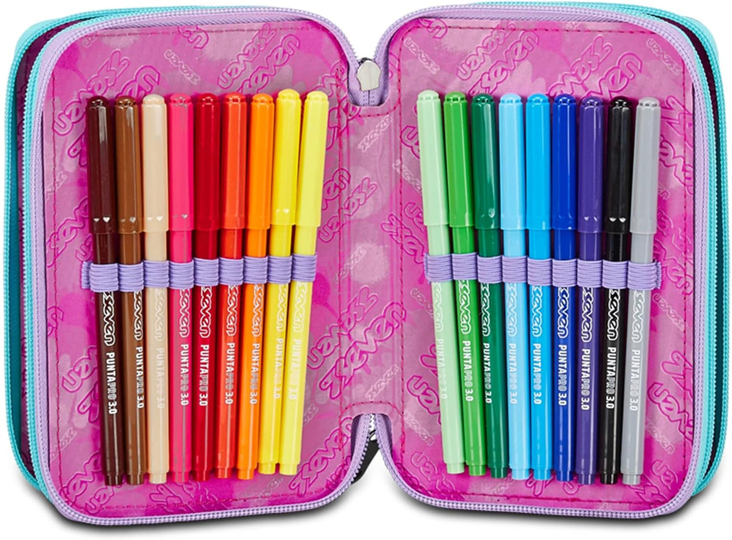 Seven Astuccio Scuola 3 Zip, Viola Verde Acqua, Crystal Purple, Portapenne Triplo Scomparto Completo Di Penne, Matite, Colori, Accessori Zaino, Elementari, Medie, Bambina