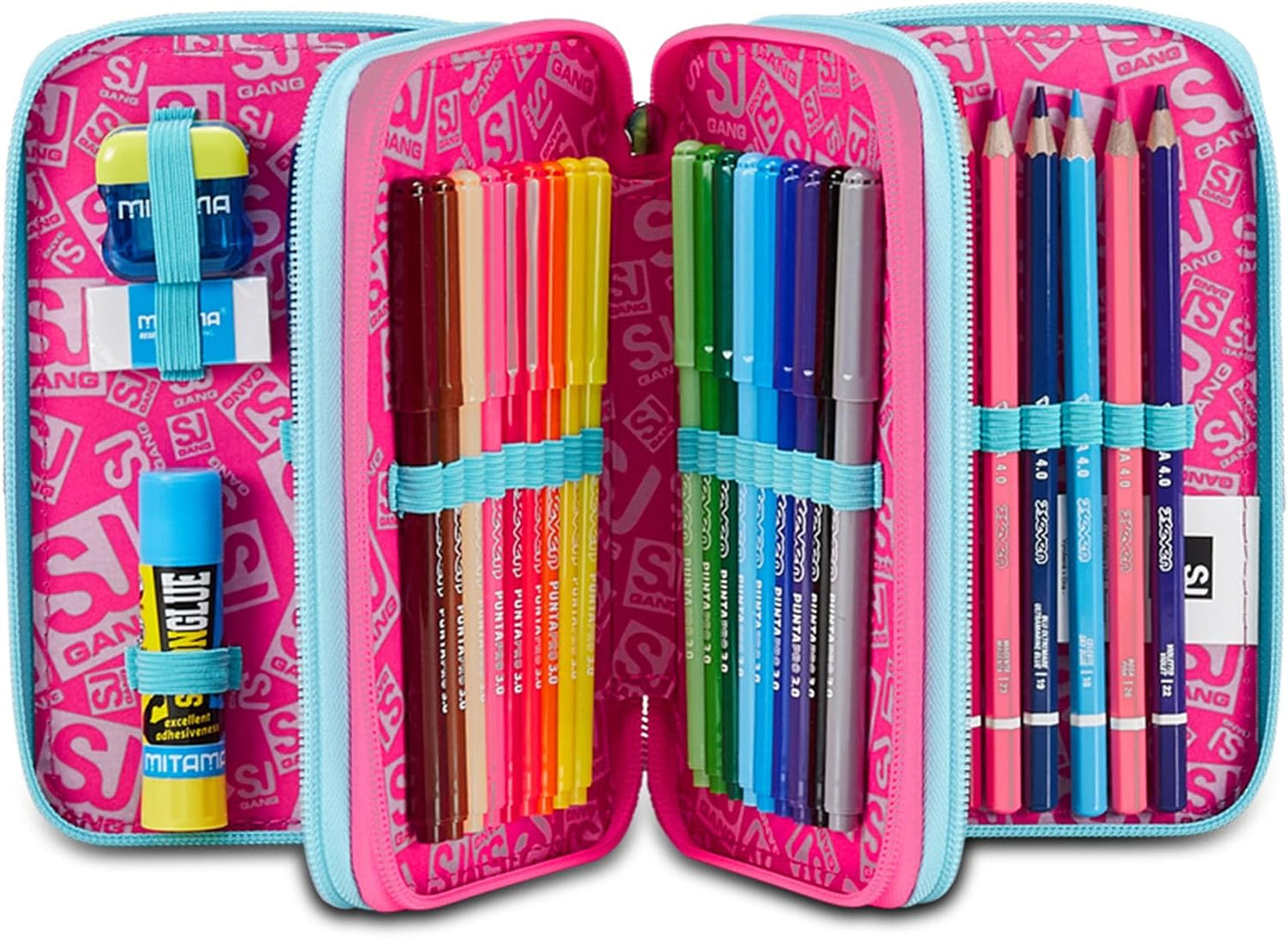 SJ Gang Astuccio Scuola 3 Zip, Rosa, Pinkfur, Portapenne Triplo Scomparto Completo Di Penne, Matite, Colori, Accessori Zaino, Elementari, Medie, Bambina, 30C202431-5C1