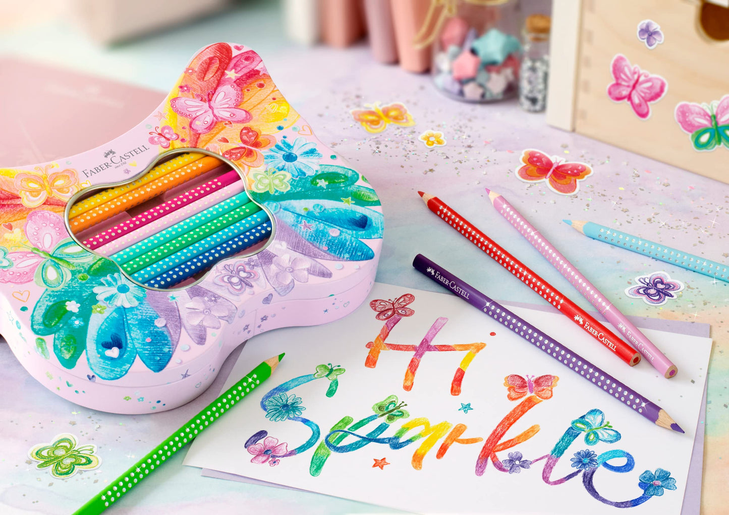 Faber-Castell 201971 - Set regalo farfalla, set di pastelli scintillanti, 20 pezzi, incl. farfalla adesiva