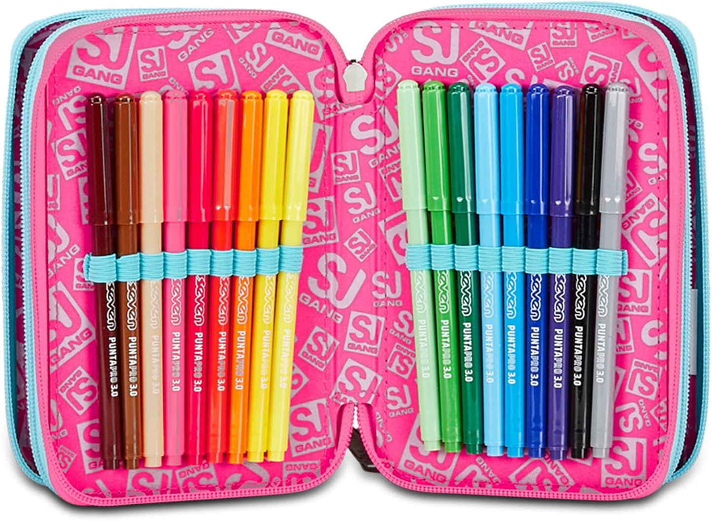 SJ Gang Astuccio Scuola 3 Zip, Rosa, Pinkfur, Portapenne Triplo Scomparto Completo Di Penne, Matite, Colori, Accessori Zaino, Elementari, Medie, Bambina, 30C202431-5C1