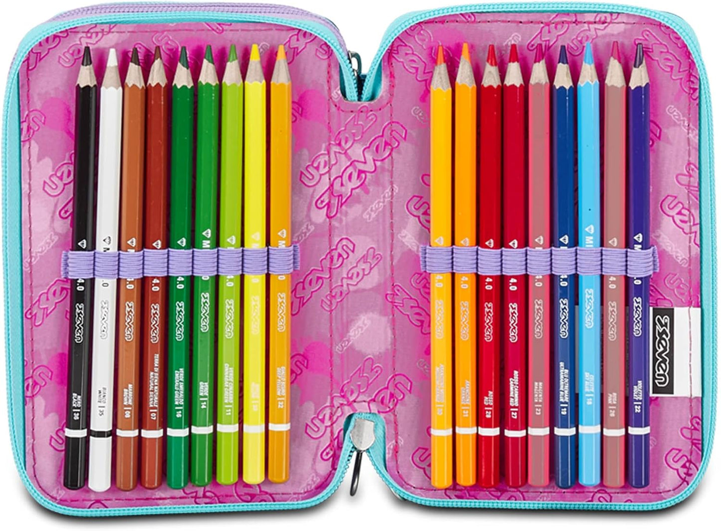 Seven Astuccio Scuola 3 Zip, Viola Verde Acqua, Crystal Purple, Portapenne Triplo Scomparto Completo Di Penne, Matite, Colori, Accessori Zaino, Elementari, Medie, Bambina