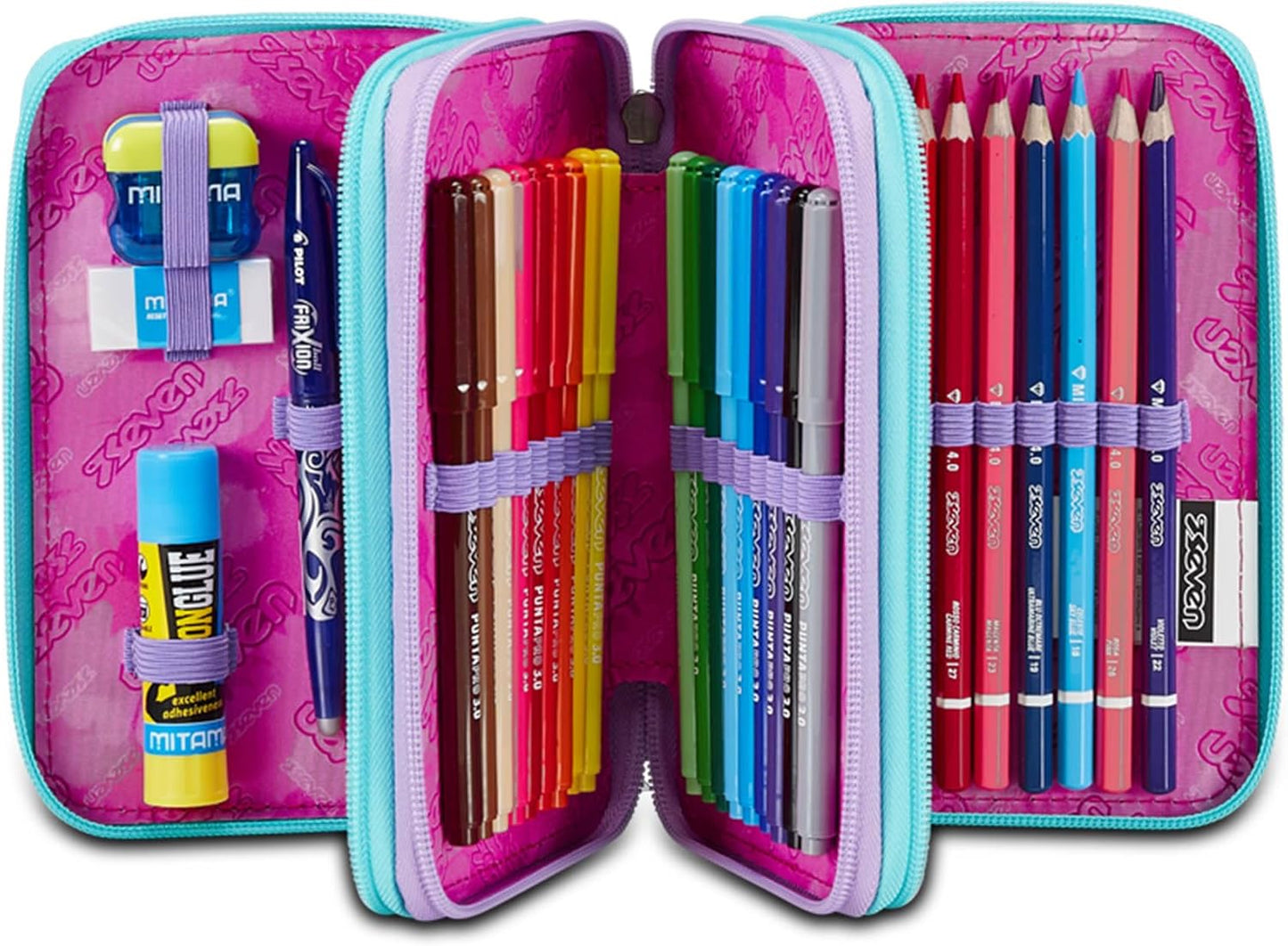 Seven Astuccio Scuola 3 Zip, Viola Verde Acqua, Crystal Purple, Portapenne Triplo Scomparto Completo Di Penne, Matite, Colori, Accessori Zaino, Elementari, Medie, Bambina