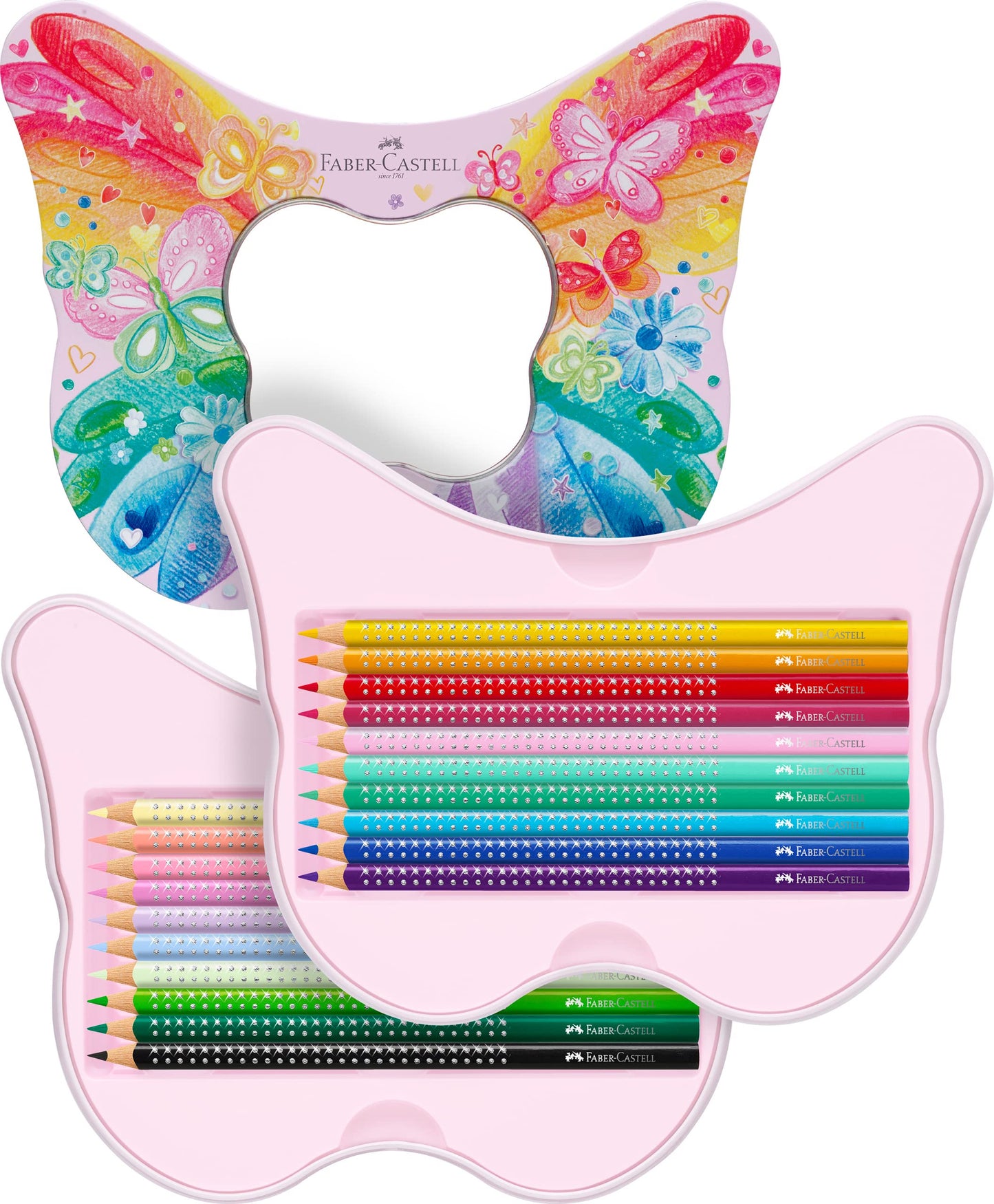 Faber-Castell 201971 - Set regalo farfalla, set di pastelli scintillanti, 20 pezzi, incl. farfalla adesiva