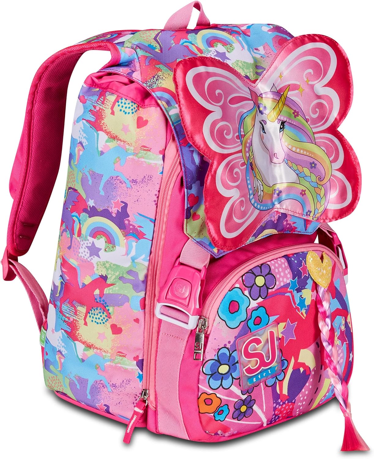 SJ Gang Zaino Scuola Estensibile, Rosa, Unibraid, Zaino Doppio Scomparto Estensibile Tramite Zip Laterali, Tasca Porta Borraccia, Scuole Elementari e Medie, Bambina Ragazza