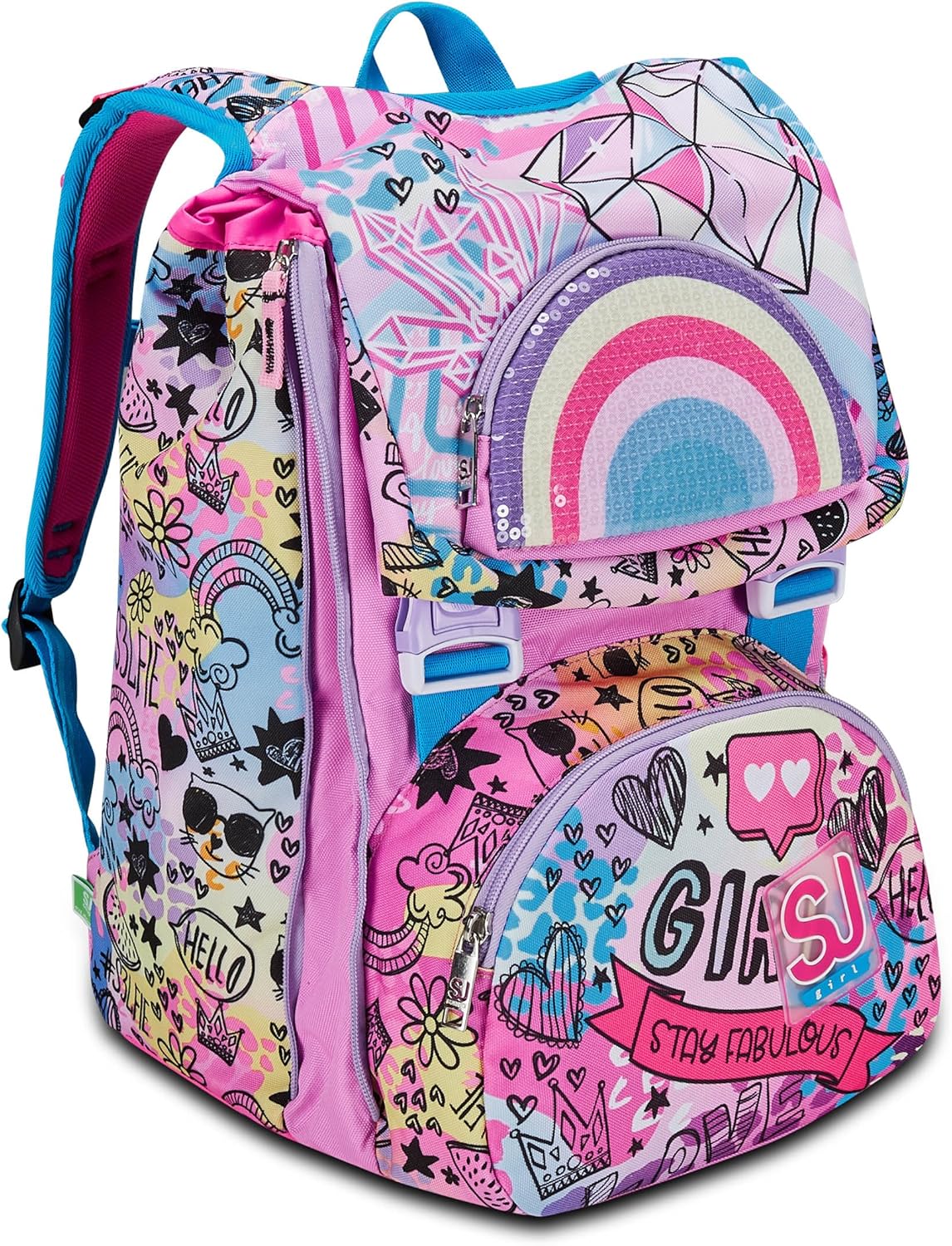 SJ Gang Zaino Scuola Estensibile, Rosa, ColorJam, Zaino Doppio Scomparto Estensibile Tramite Zip Laterali, Tasca Porta Borraccia, Zaino Scuola Elementare, Zaino Bambina