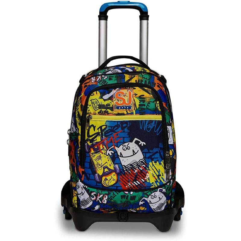 SJ Gang Zaino Scuola Con Carrello Sganciabile A 6 Ruote - Trolley Jack 3WD CRITTY BOY - 3 in 1 - Triplo Uso - Con Tasca Portaborraccia - Per Bambini - Blu