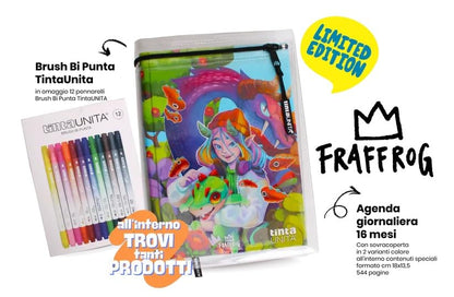 TINTA UNITA Diario Agenda Scuola Fraffrog 2024/2025 datato Copertina rigida. Include un kit di 12 pennarelli brush bipunta