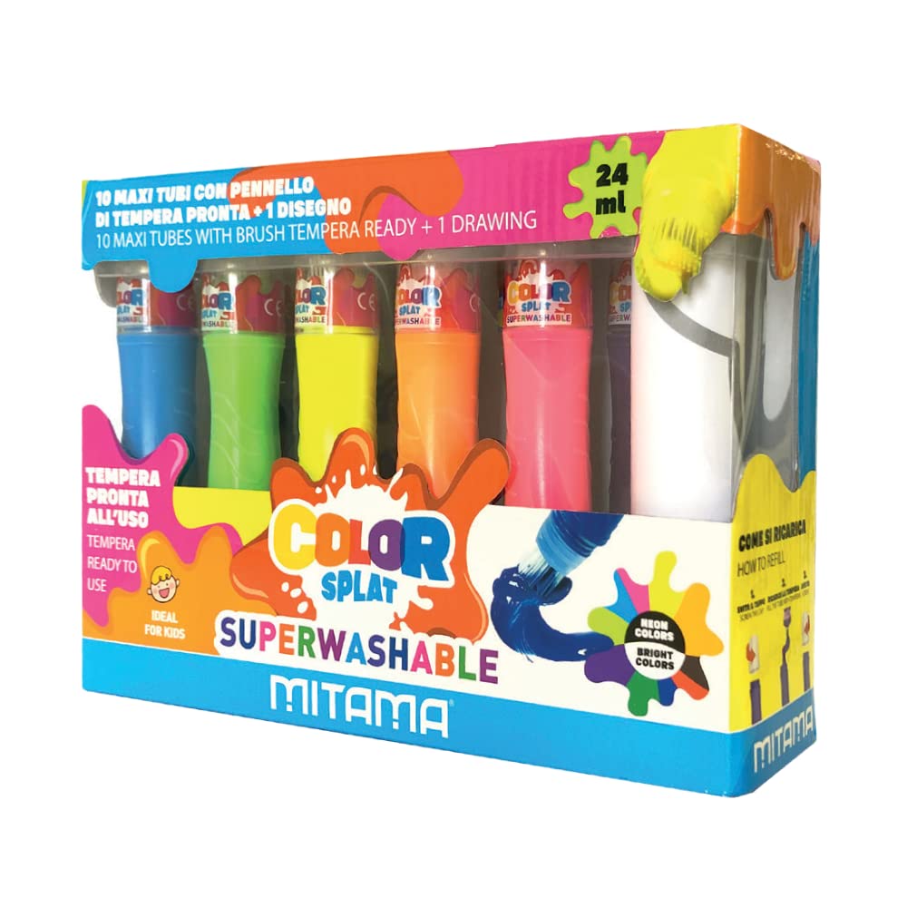 Mitama - ColorSplat, 10 Maxi Tubi c/Pennello di tempera Pronta Lavabili 24 ml + 1 disegno