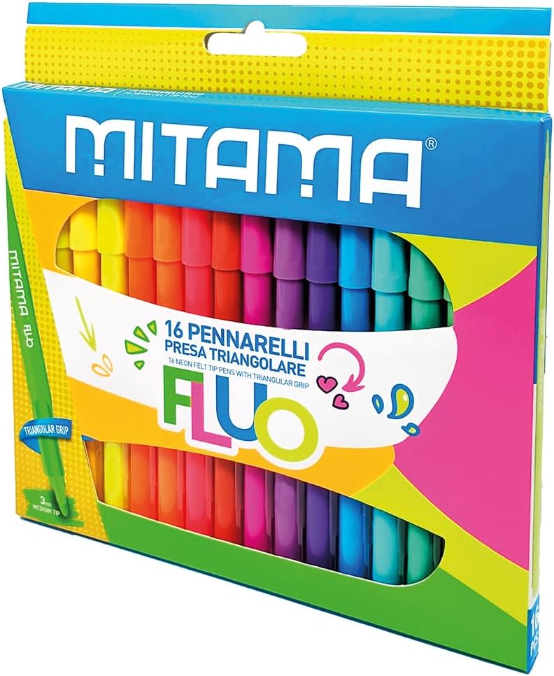 Mitama - Pennarelli Fluo Astuccio da 16 pennarelli - Colori Neon - Tappo anti soffocamento - Punta media 3 mm - Colori Scuola - Pastelli Astuccio Scuola