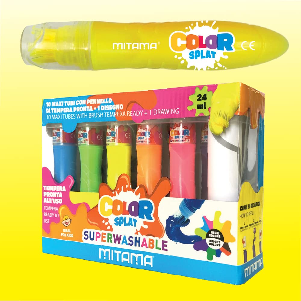 Mitama - ColorSplat, 10 Maxi Tubi c/Pennello di tempera Pronta Lavabili 24 ml + 1 disegno