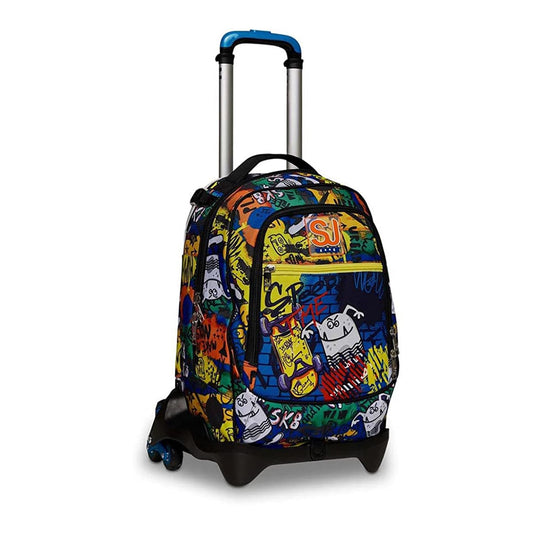 SJ Gang Zaino Scuola Con Carrello Sganciabile A 6 Ruote - Trolley Jack 3WD CRITTY BOY - 3 in 1 - Triplo Uso - Con Tasca Portaborraccia - Per Bambini - Blu