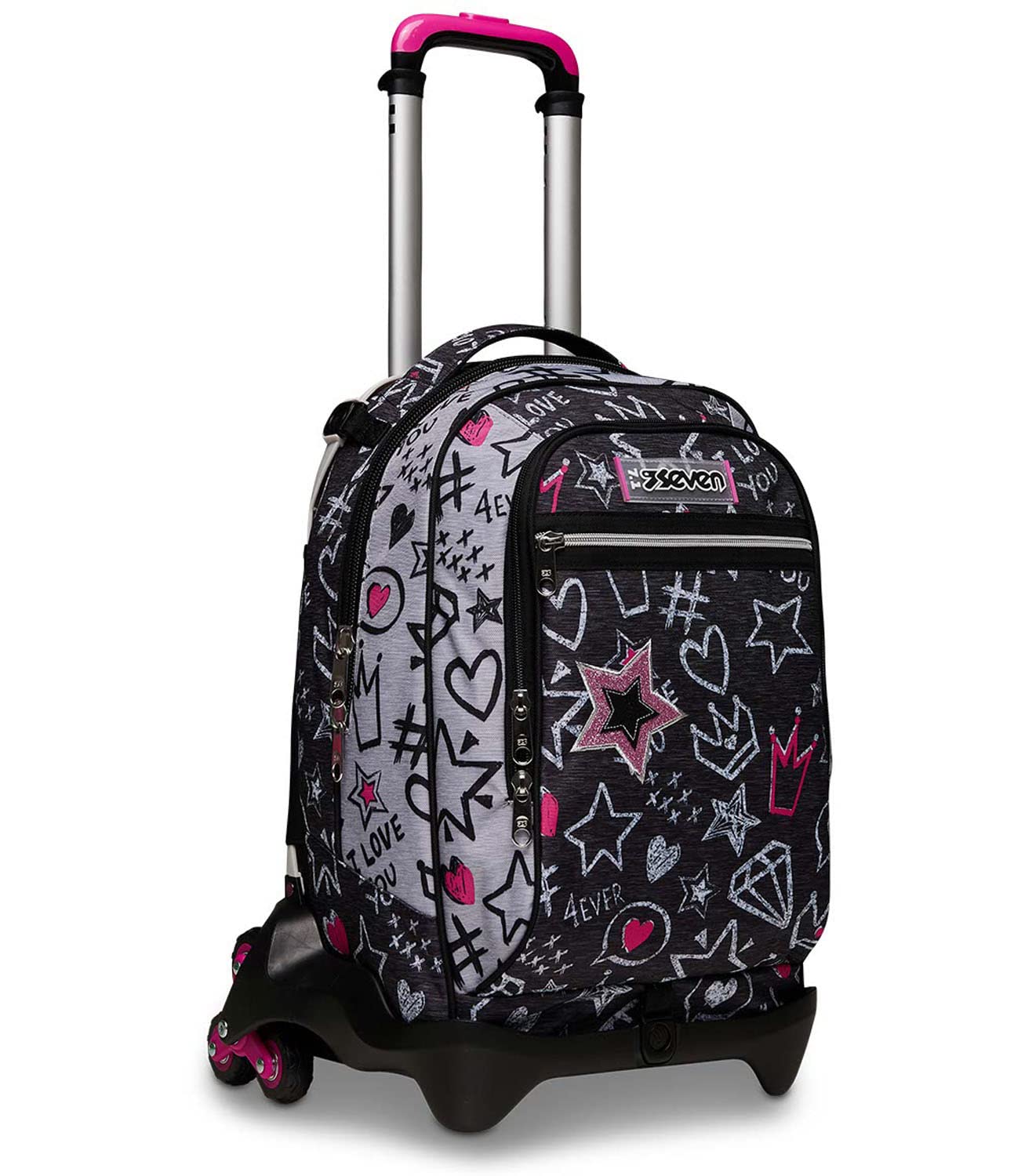 Seven S. p. a. Seven Trolley Scuola Sganciabile Jack 3 Ruote, Grigio, Zipper Glamy, Triplo Uso, Zaino con Carrello Sganciabile, Maxi Capienza, Scuola & Tempo Libero, Bambine e Ragazze