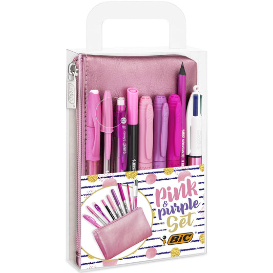 BIC Pink & Purple, Set Con Astuccio, 2 Penne A Sfera, 1 Penna Gel Cancellabile, 1 Pennarello Punta Fine, 2 Matite Grafite, 3 Pennarelli Indelebili, Kit Scrittura, 10 Unità, Multicolore, Idea Regalo