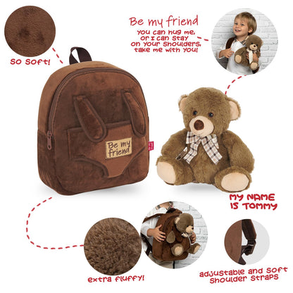PERLETTI Zaino Bambina Bambino 3 4 5 Anni - Peluche Orso Marrone - Zainetto Borsa Bimbo Bimba per Scuola Asilo Viaggi - Cartella Scolastica Morbida - 21x27x9 cm (Orsetto Marrone con Fiocco)