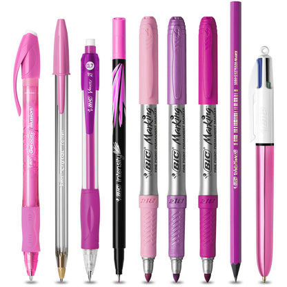 BIC Pink & Purple, Set Con Astuccio, 2 Penne A Sfera, 1 Penna Gel Cancellabile, 1 Pennarello Punta Fine, 2 Matite Grafite, 3 Pennarelli Indelebili, Kit Scrittura, 10 Unità, Multicolore, Idea Regalo