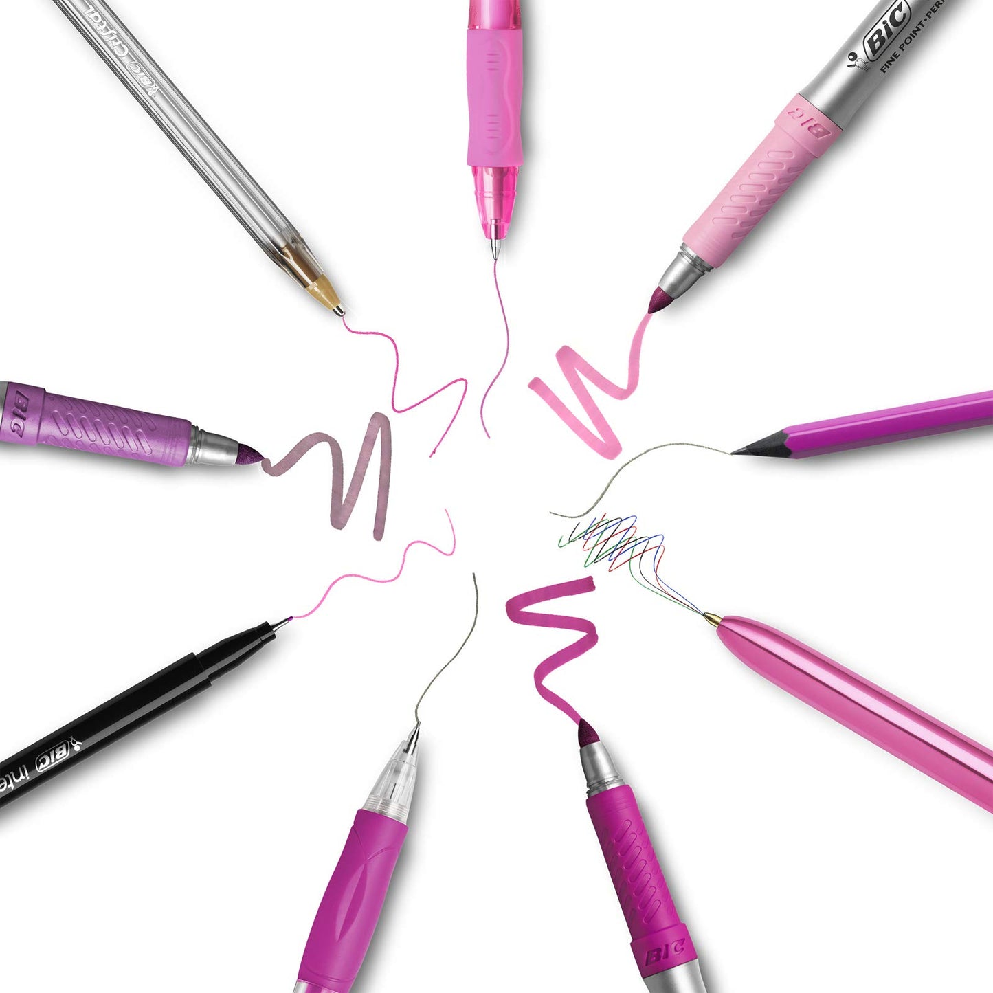 BIC Pink & Purple, Set Con Astuccio, 2 Penne A Sfera, 1 Penna Gel Cancellabile, 1 Pennarello Punta Fine, 2 Matite Grafite, 3 Pennarelli Indelebili, Kit Scrittura, 10 Unità, Multicolore, Idea Regalo