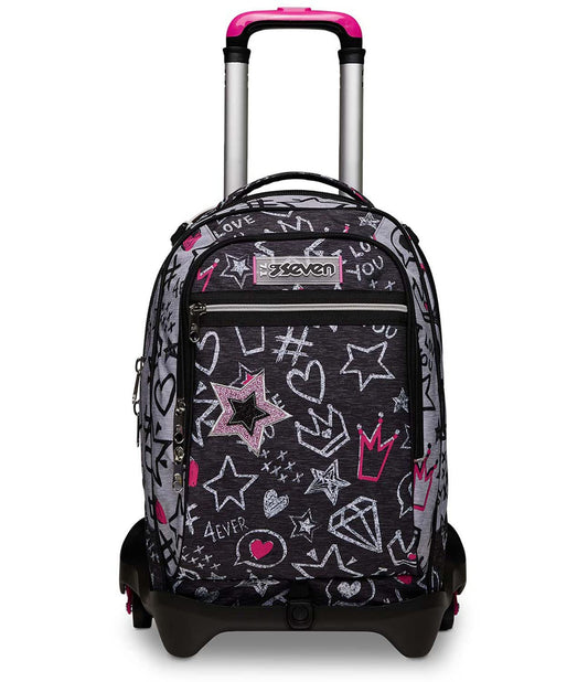 Seven S. p. a. Seven Trolley Scuola Sganciabile Jack 3 Ruote, Grigio, Zipper Glamy, Triplo Uso, Zaino con Carrello Sganciabile, Maxi Capienza, Scuola & Tempo Libero, Bambine e Ragazze