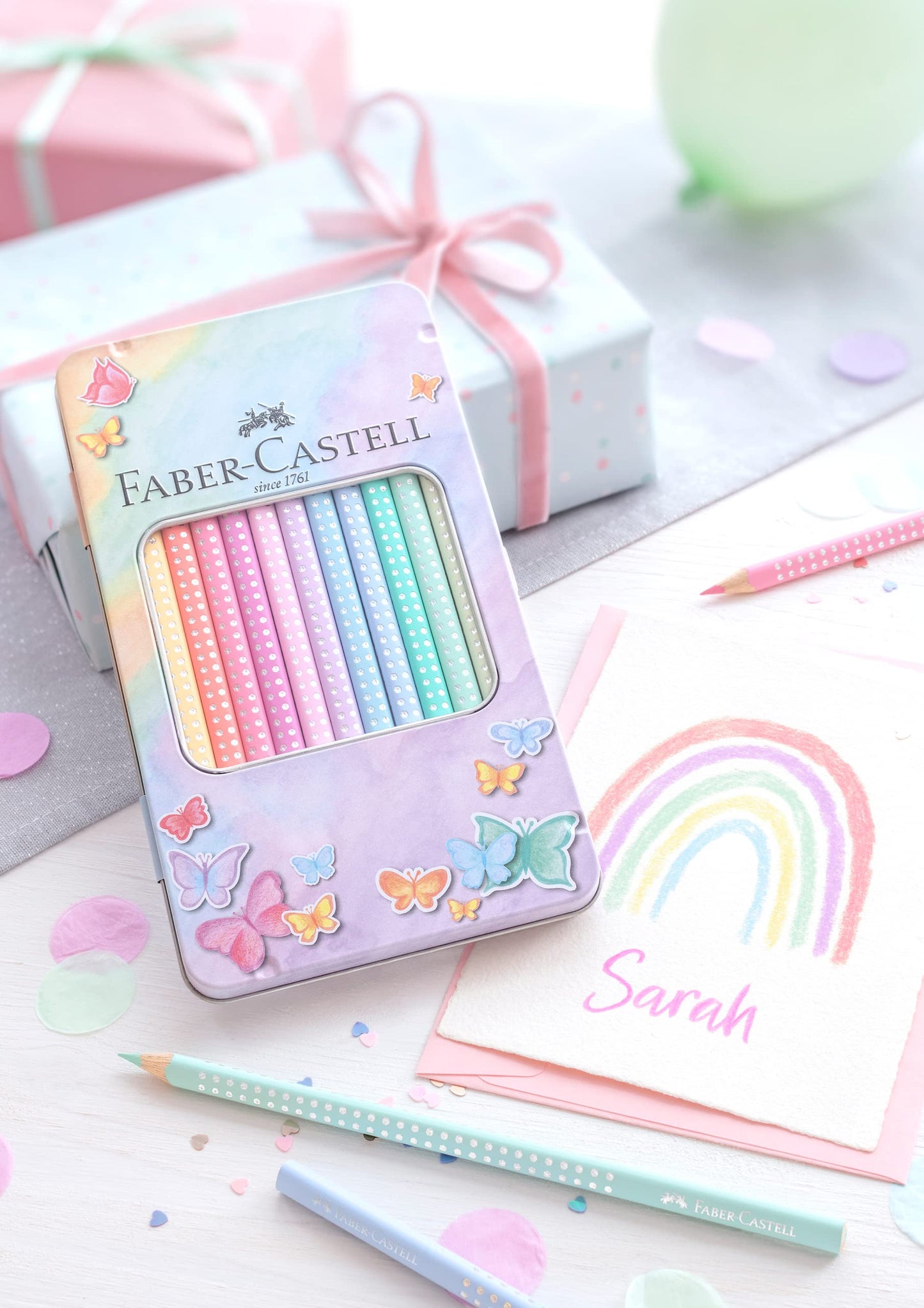 Faber-Castell - Matite colorate Sparkle Pastel, confezione da 12 pezzi, scatola in metallo