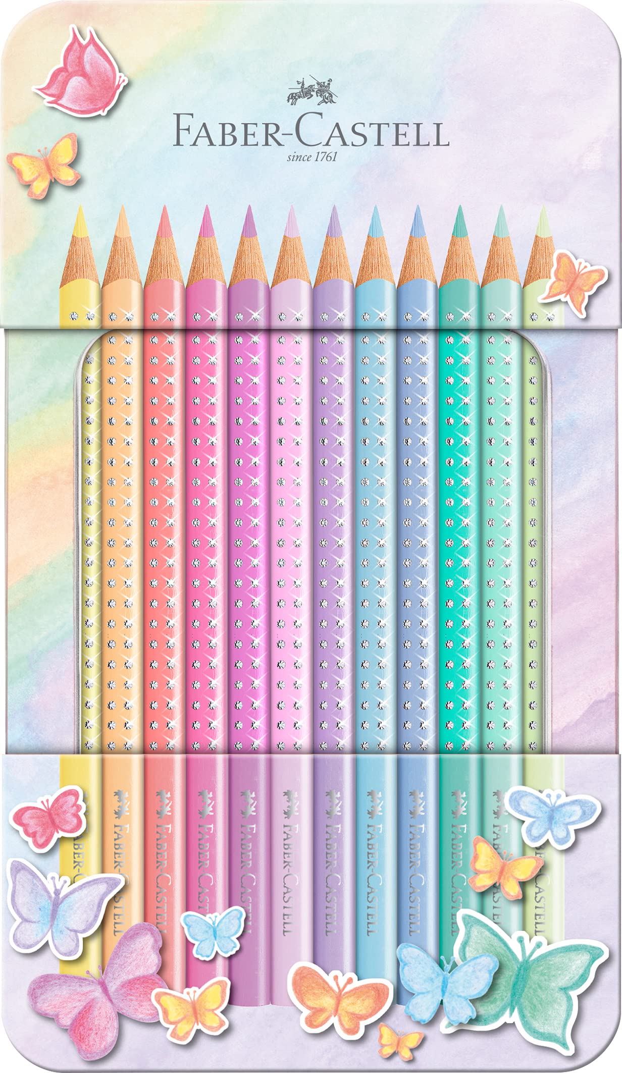 Faber-Castell - Matite colorate Sparkle Pastel, confezione da 12 pezzi, scatola in metallo