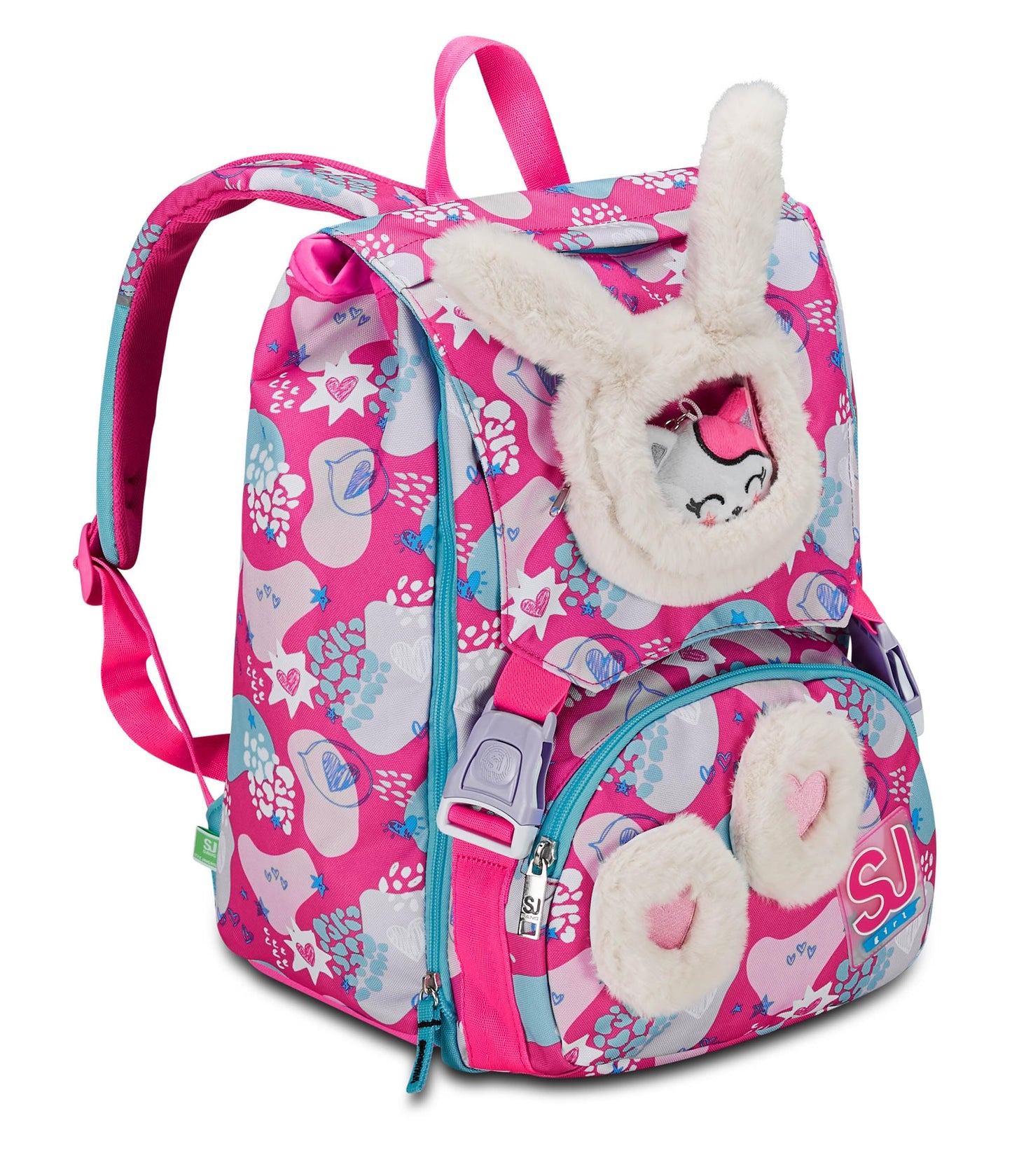 SJ Gang Zaino Scuola Estensibile, Rosa, PinkFur, Zaino Doppio Scomparto Estensibile Tramite Zip Laterali, Tasca Porta Borraccia, Zaino Scuola Elementare, Zaino Bambina