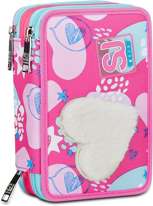 SJ Gang Astuccio Scuola 3 Zip, Rosa, Pinkfur, Portapenne Triplo Scomparto Completo Di Penne, Matite, Colori, Accessori Zaino, Elementari, Medie, Bambina, 30C202431-5C1