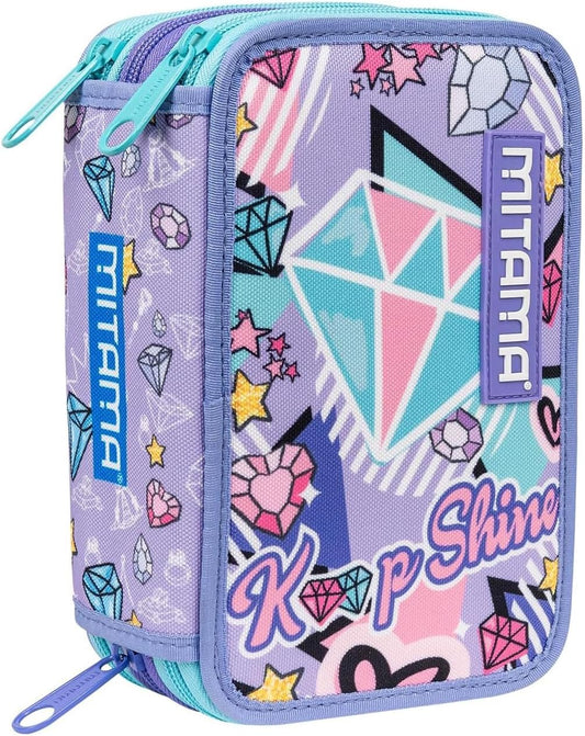 Mitama Astuccio Scuola 3 Scomparti, DOUBLE DIAMOND, con pennarelli, matite, pastelli ecc..