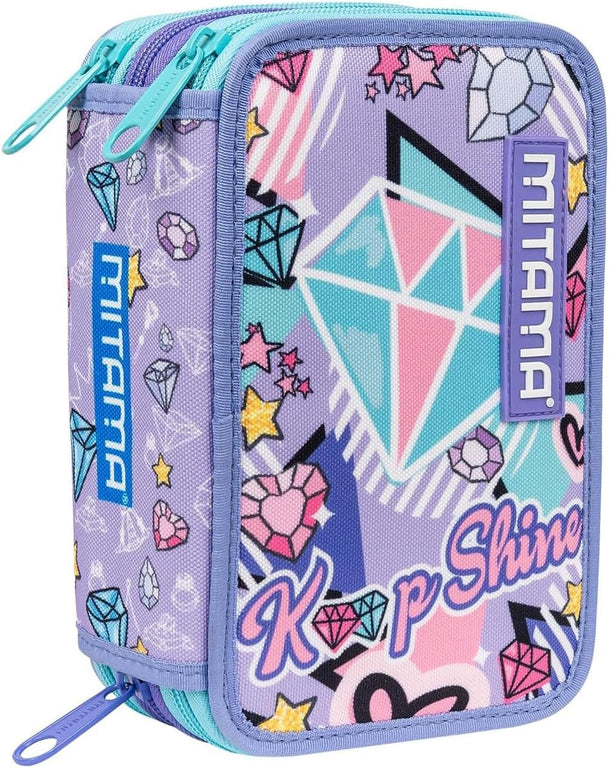 Mitama Astuccio Scuola 3 Scomparti, DOUBLE DIAMOND, con pennarelli, matite, pastelli ecc..